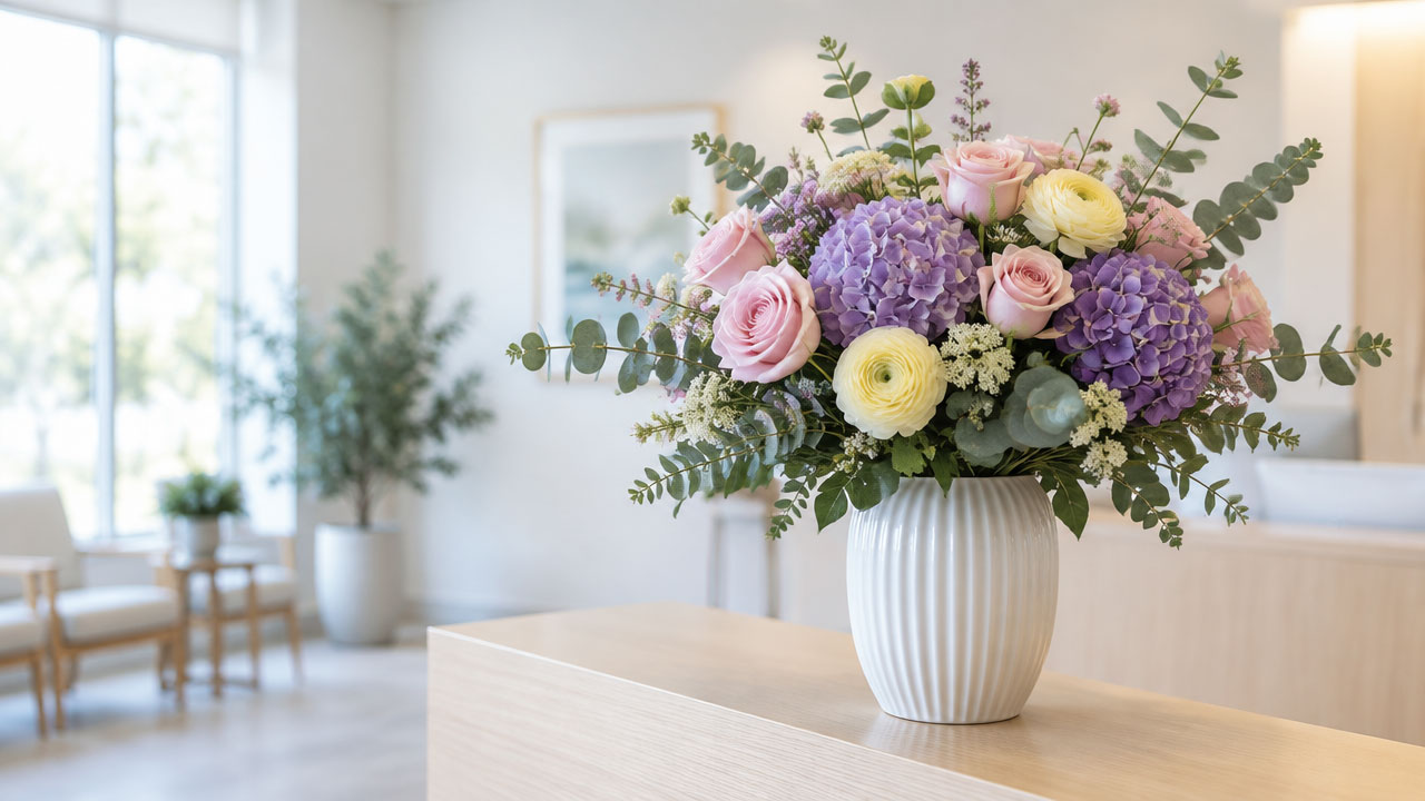 Frischer saisonaler Blumenstrauß in einer weißen Keramikvase auf dem Empfangstresen einer Praxis