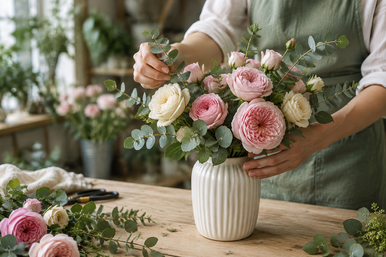 Stefanie Meissner arranging seasonal flowers into a white vase